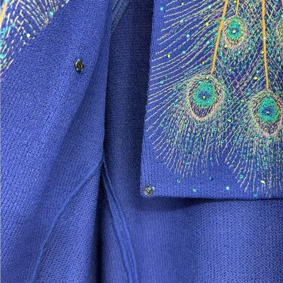 St. John Evening Blue Knit Bib Skirt Suit Jacket 12 Skirt 8 Embellished Peacock - Picture 6 of 16